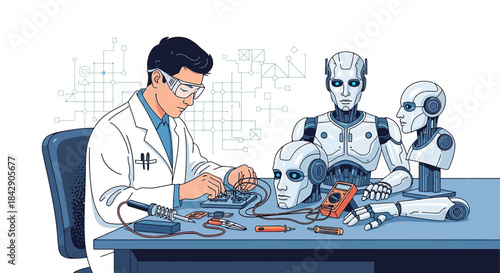 Scientist assembling robot with soldering iron represents cutting edge technology development