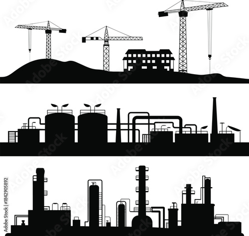 Industrial factory silhouette, construction cranes, manufacturing plant, refinery structures, chemical plant, industrial buildings, factory pipes, urban development, power plant, industrial complex