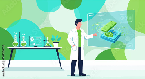 Scientist examining sustainable technology interface in modern laboratory for future advancement