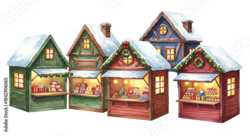 miniature quaint european christmas market stalls painted in deep watercolor (crimson, navy, green) with snow-covered roofs and glowing windows on white. cozy winter holiday illustration concept