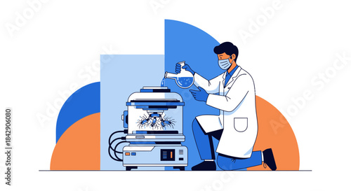 Scientist in lab coat conducting experiment on insect specimen with modern equipment and