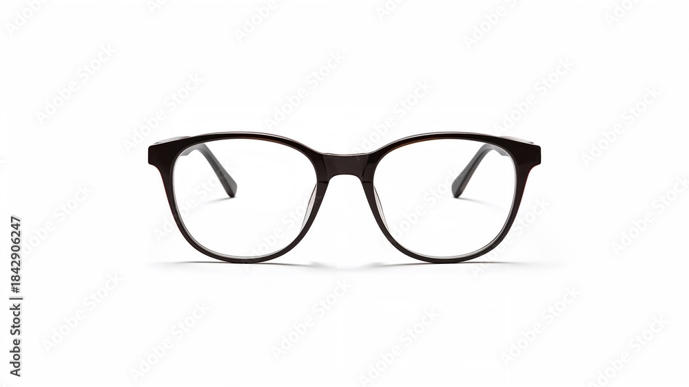 Fototapeta premium A pair of eyeglasses with black frames and clear lenses placed on a plain white background.