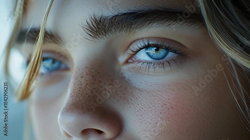 Close-up of a young womans striking blue eyes, reflecting light and deep thought.