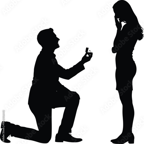 Black silhouette of person proposing with ring box while partner reacts emotionally, symbolizing love, commitment, and romantic gesture 