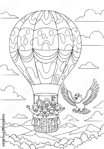 the surprised eagle flies past the balloon. coloring book