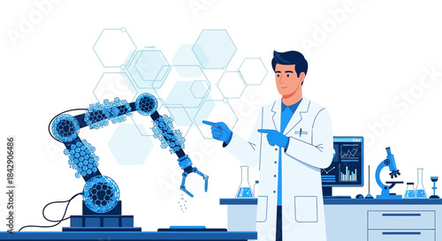 Scientist oversees robotic arm during experiment, a futuristic approach to research