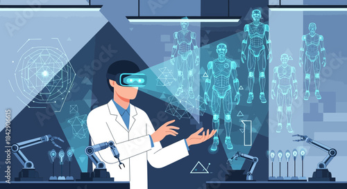 Scientist utilizing virtual reality for advanced robotics design and humanoid creation in a modern
