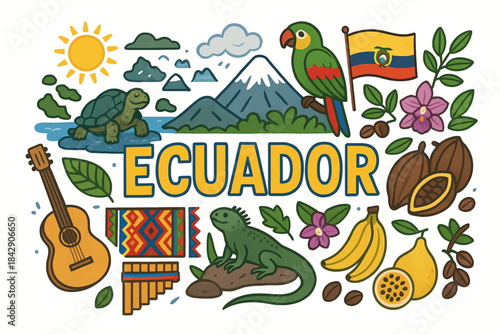 Ecuador Cultural Icons Vector Illustration with Galápagos, Andes and Traditional Elements