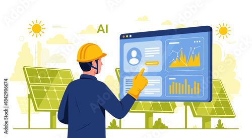 Solar energy technician analyzing data on a screen using artificial intelligence technology to