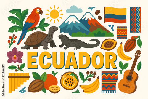Ecuador Cultural Icons Vector Illustration with Galápagos, Andes and Traditional Elements