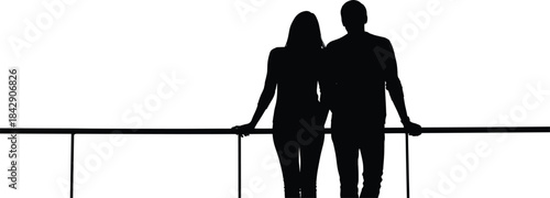 Silhouette vector of two people leaning on railing, minimalist black and white illustration of quiet emotional connection.