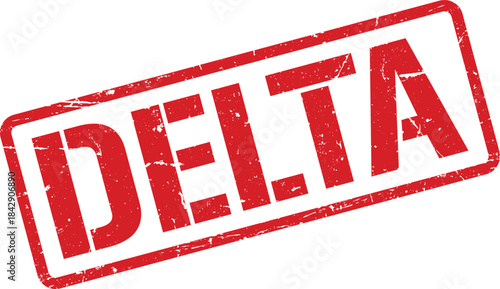 Distressed Red Delta Rubber Stamp on White Background, Imperfect and Angled View