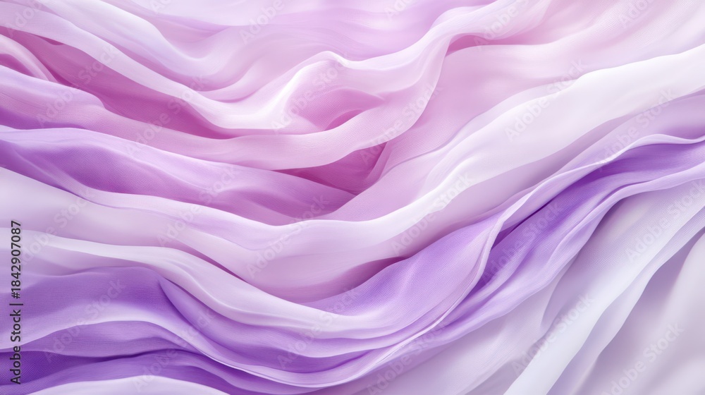 Fototapeta premium Silk Symphony: A mesmerizing display of flowing fabric in soft hues of lavender and lilac, creating an ethereal and artistic visual.