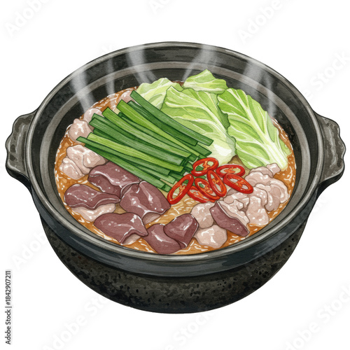 highly detailed watercolor flat lay of japanese motsunabe hot pot with offal, nira chives, and cabbage in a rustic black donabe on white background. authentic japanese culinary concept