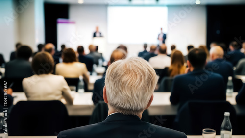 Wallpaper Mural Businessman sitting in a conference room with a crowd of people in front of a projector screen in a meeting or presentation setting with a blurred background Torontodigital.ca