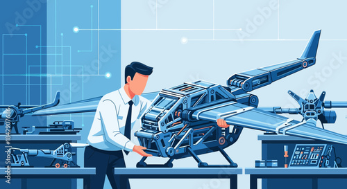 Technician inspecting futuristic aircraft design in advanced aerospace engineering facility