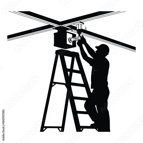 Man installing ceiling fan on ladder isolated on white background, Vector