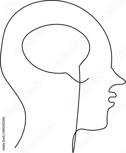 Continous line drawing of thought bubble inside head. Head with thought bubble one line vector. Confused mindset and mental health problem concept simple illustration. Easily editable stroke.