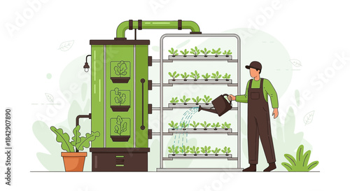 Vertical farming and urban agriculture concept illustration of a man caring for plants