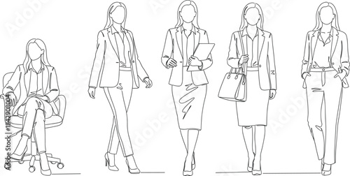 Businesswoman vector illustration featuring diverse professional poses, formal outfits, and geometric blocks in red, purple, and blue 