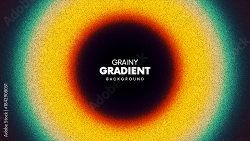 Warm summer grainy gradient with glowing yellow and turquoise colors radiating around deep dark center created from thousands of individual dots for banner, social media graphic, eye catching layout