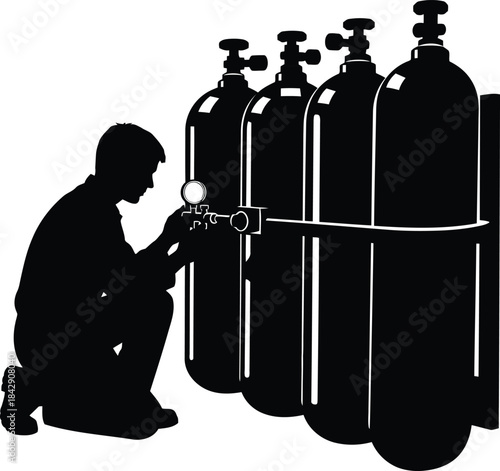 Man checking oxygen tank valve isolated on white background, Vector