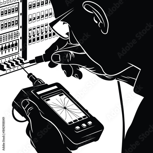 Testing electronic circuit board with multimeter isolated on white background, Vector