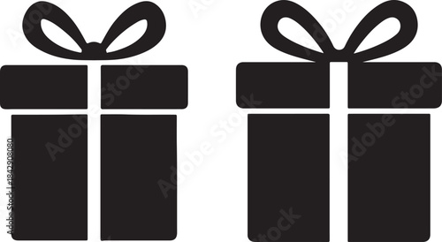 Minimalist black gift box icon set featuring closed boxes and opening boxes with magic sparkles. Perfect for rewards, surprises, and celebration UI design in apps or websites.