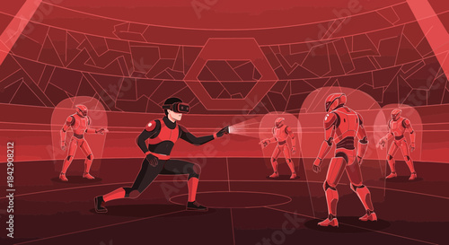 Virtual reality battle arena featuring a futuristic fight simulation with robots and players