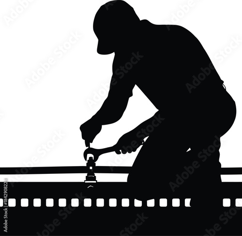 Man working with wrench on film strip isolated on white background, Vector