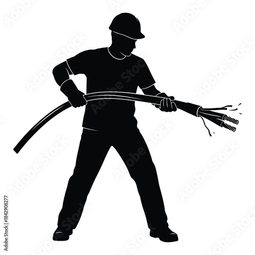 Worker handling electrical cables isolated on white background, Vector