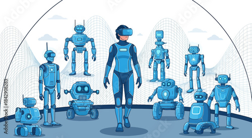 Virtual presence futuristic interaction between human and artificial intelligence robots world