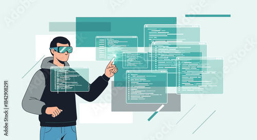 Virtual reality coder interacts with lines of code in an augmented environment