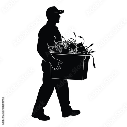 Man carrying a box full of electronic wires and cables isolated on white background, Vector