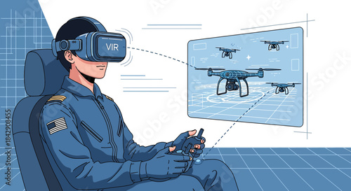 Virtual reality drone operation: Man in uniform navigating drones through immersive simulator