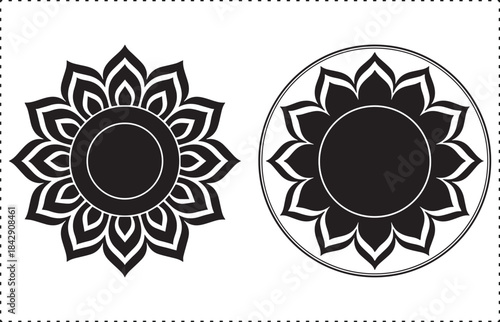 Black and White Lotus Flower Mandala or Sun Symbol Design