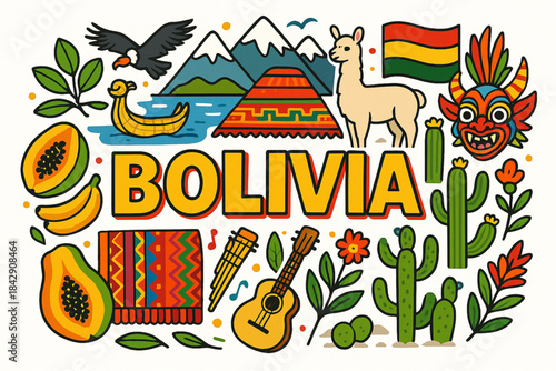 Bolivia Cultural Icons Vector Illustration with Landmarks, Andes and Traditional Elements