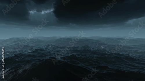 Looping 3D animation of a dark ocean storm with powerful waves, dramatic lighting, and dynamic water motion.