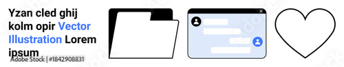 Communication, organization, connection, data storage, messaging, user interface. A file folder, chat window and heart shape icons. Communication and data storage concepts