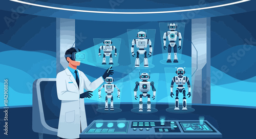 Virtual reality robotics: A scientist controls robots in a futuristic digital environment using vr