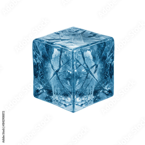 Geometric, highly detailed sapphire blue ice cube with internal micro-fissures, floating over white studio background with rim light. Concept for premium refreshment