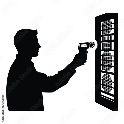 Man controlling server room equipment with remote isolated on white background, Vector