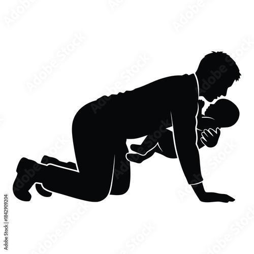 Father carrying baby on back in silhouette isolated on white background, Vector