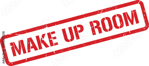 Red Distressed Make Up Room Rectangular Rubber Stamp on a White Background, Inclined Angle