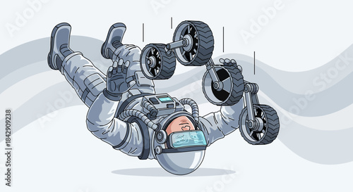 Weightless astronaut exercising with rover wheels for spacewalk fitness routine concept