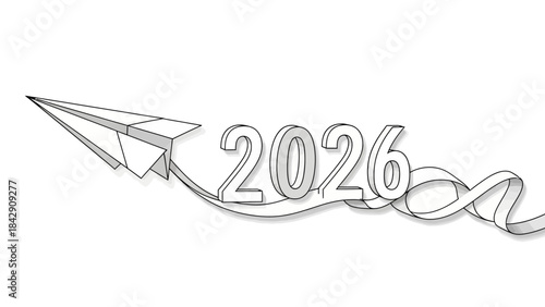 Outline illustration of a paper airplane flying, forming the number 2026 with its trail, symbolizing the future, new beginnings, and forward-looking goals for the upcoming year