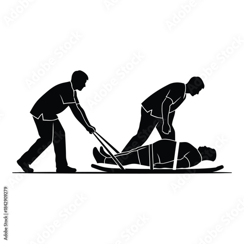 Rescue team assisting injured person on stretcher isolated on white background, Vector