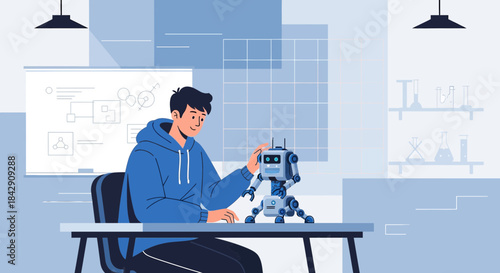 Young engineer design and creation of a new robot in a laboratory with modern equipment