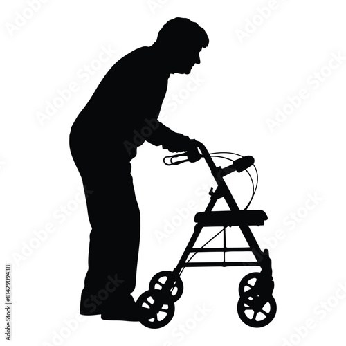 Elderly man using walker for support isolated on white background, Vector