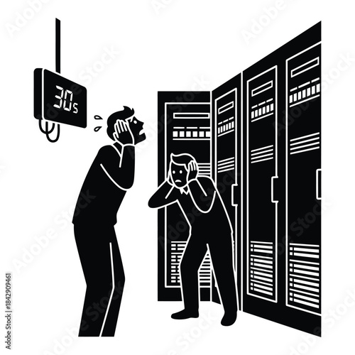 Two men stressed near server racks with countdown timer isolated on white background, Vector
